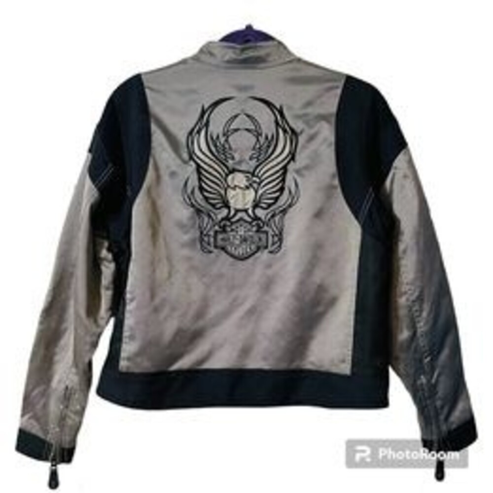 Harley Davidson Womens Medium Gray Textile Riding Jacket Eagle Embroidered Coat